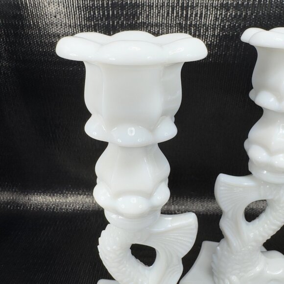Westmoreland Dolphin Koi Fish Candlestick Pair Milk Glass Candle Holders Set 2 - Picture 6 of 10